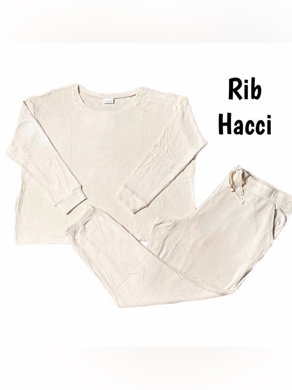 Cream Lulu- Ribbed Loungewear Set - Cream Long Sleeve Top & Pants
